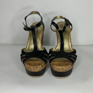 SeSeychelles Wedge Sandals T Strap Black Open Toe Size 8.5